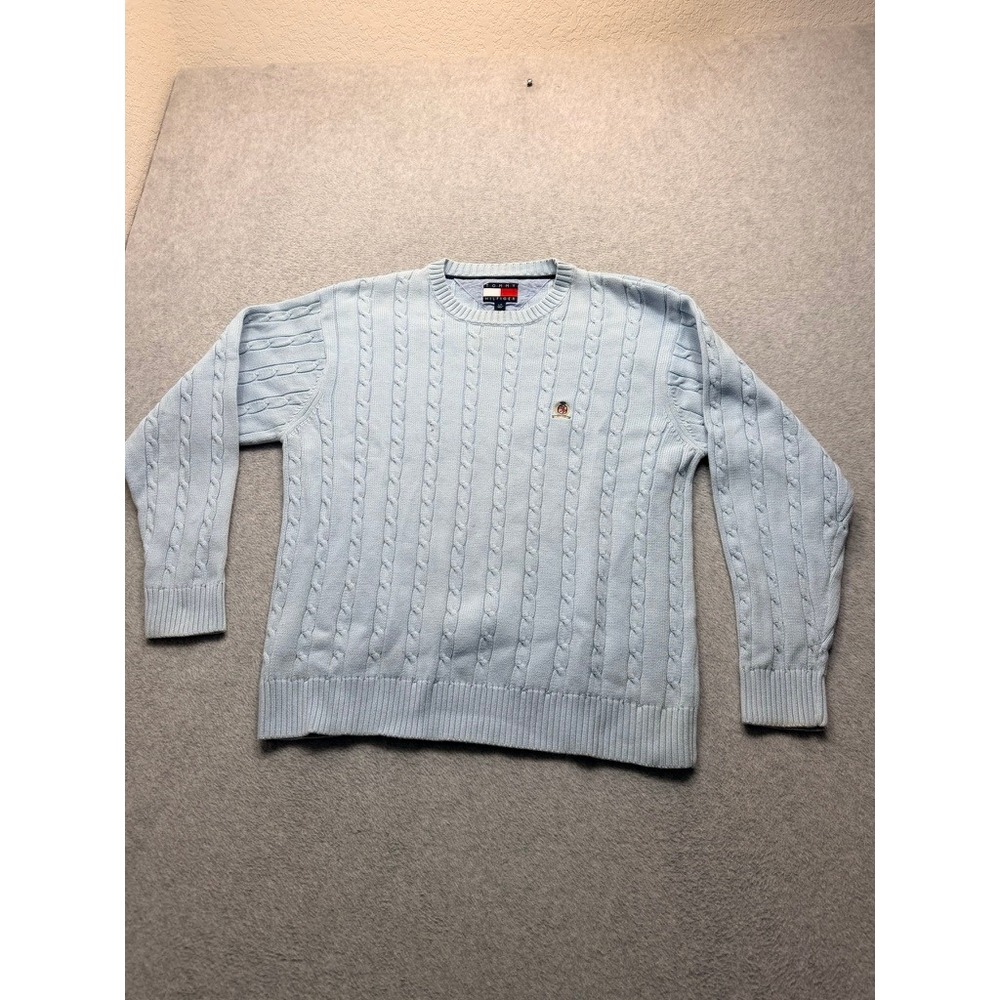 Tommy Hilfiger Mens Light Blue Cable Knit Crew Neck Sweater Large Crest Logo